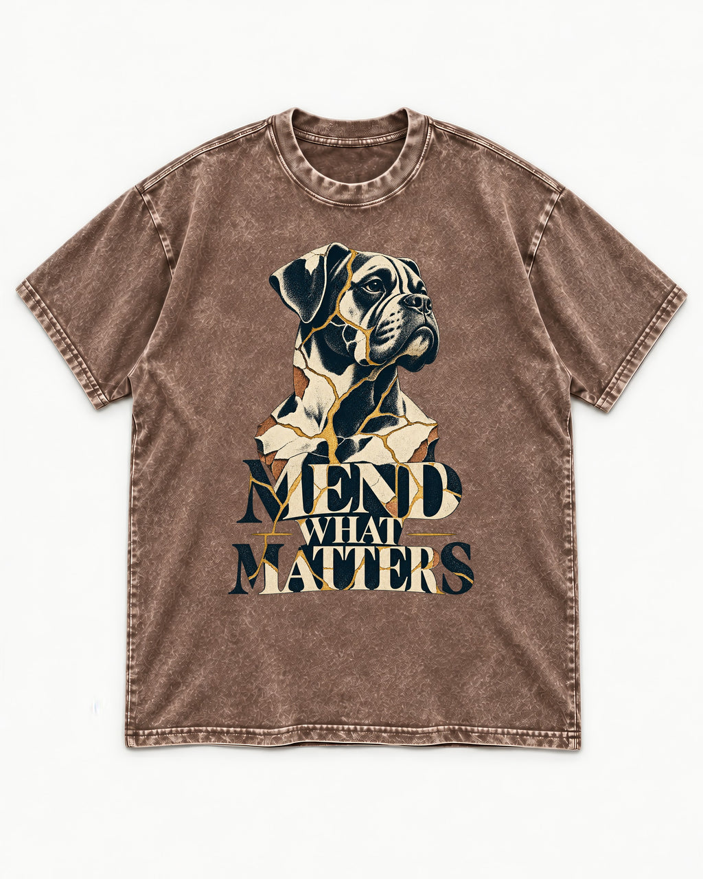 Mend What Matters Boxer Kintsugi Portrait Washed Tee in Coffee, flat lay product photo