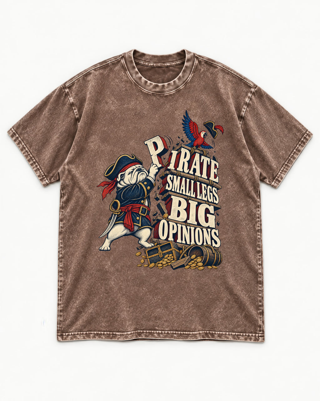 Pirate English Bulldog Big Opinions Washed Tee in Coffee, flat lay product photo