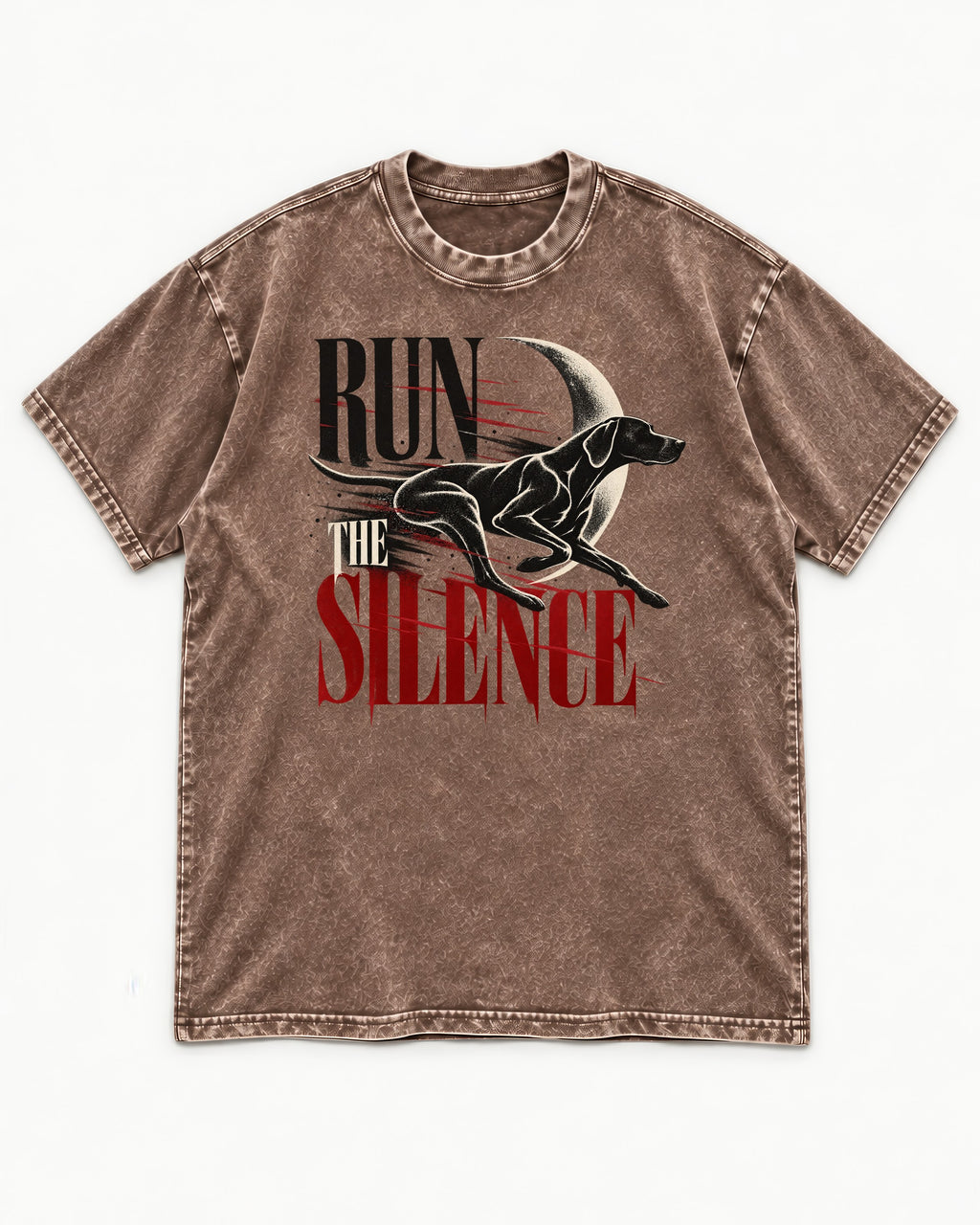 Run the Silence German Shorthaired Pointer Washed Tee in Coffee, flat lay product photo