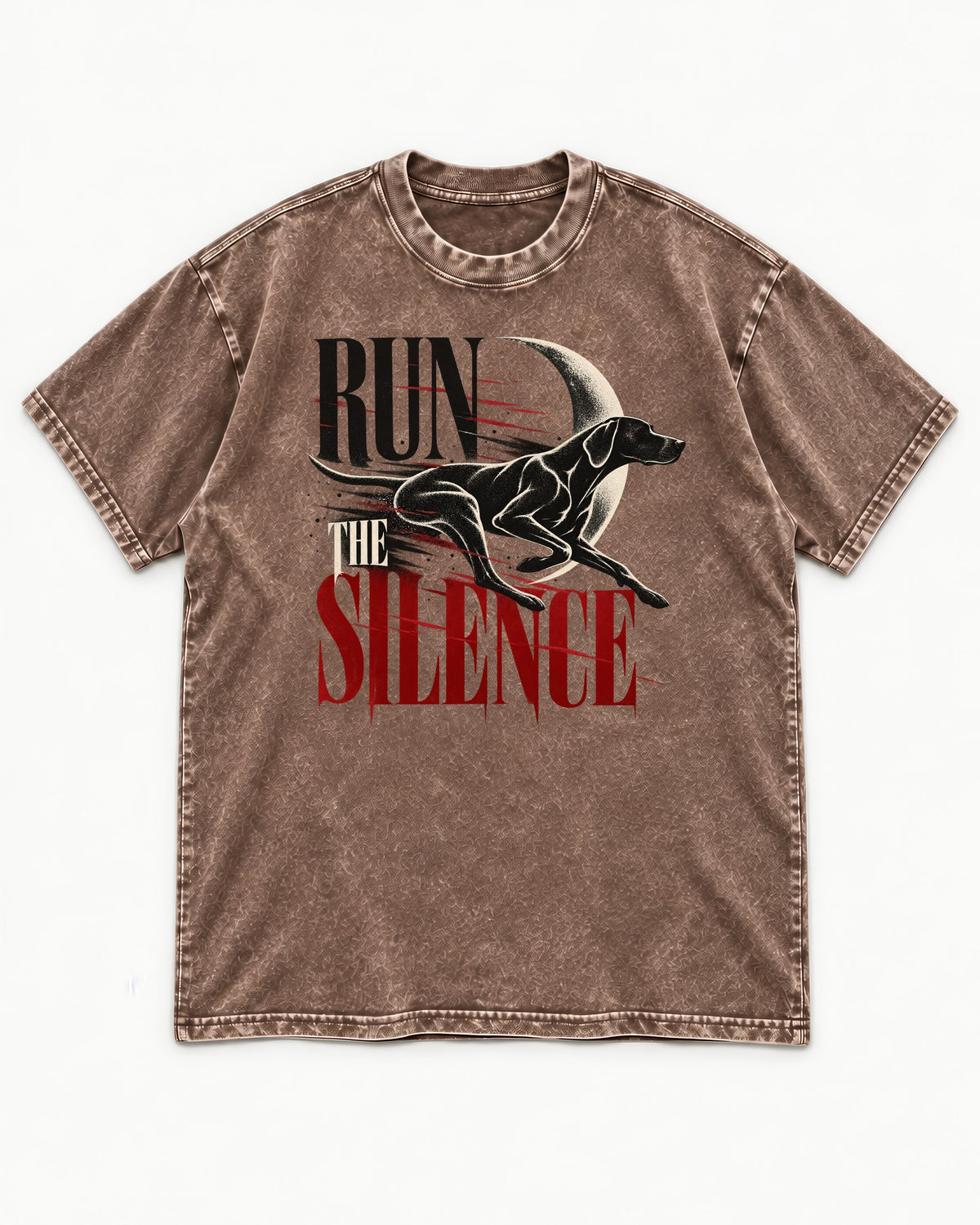 Run the Silence German Shorthaired Pointer Washed Tee in Coffee, flat lay product photo