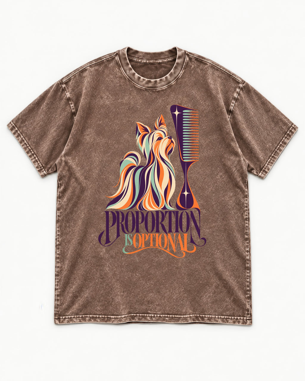 Yorkshire Terrier Proportion Is Optional Washed Tee in Coffee, flat lay product photo