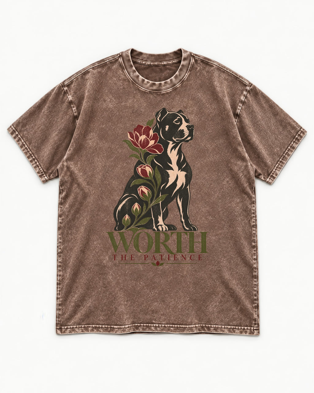 Pitbull Worth the Patience Washed Tee in Coffee, flat lay product photo