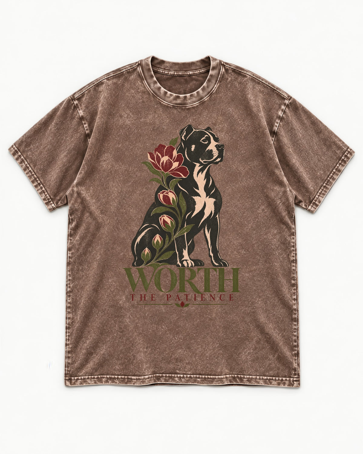 Pitbull Worth the Patience Washed Tee in Coffee, flat lay product photo