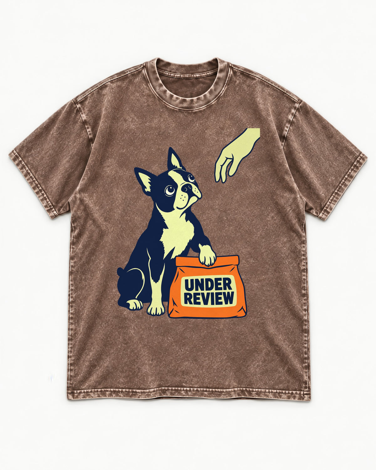 Boston Terrier Under Review Washed Tee in Coffee, flat lay product photo