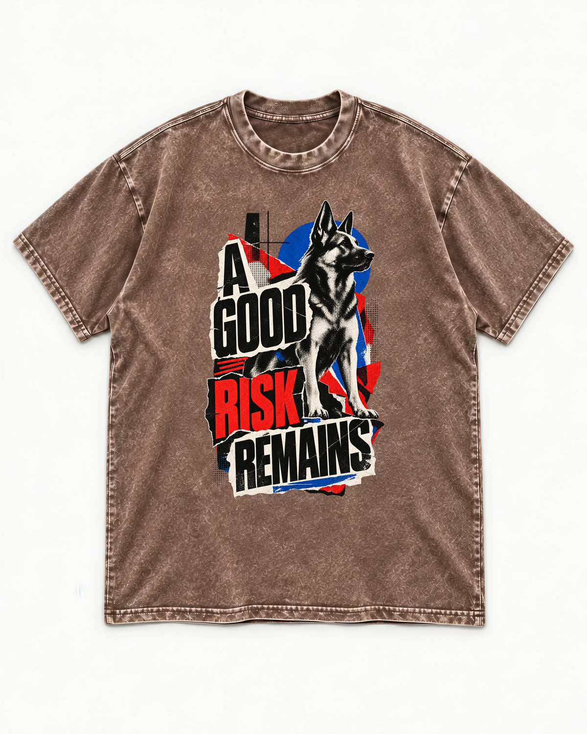 A Good Risk Remains German Shepherd Dog Washed Tee in Coffee, flat lay product photo