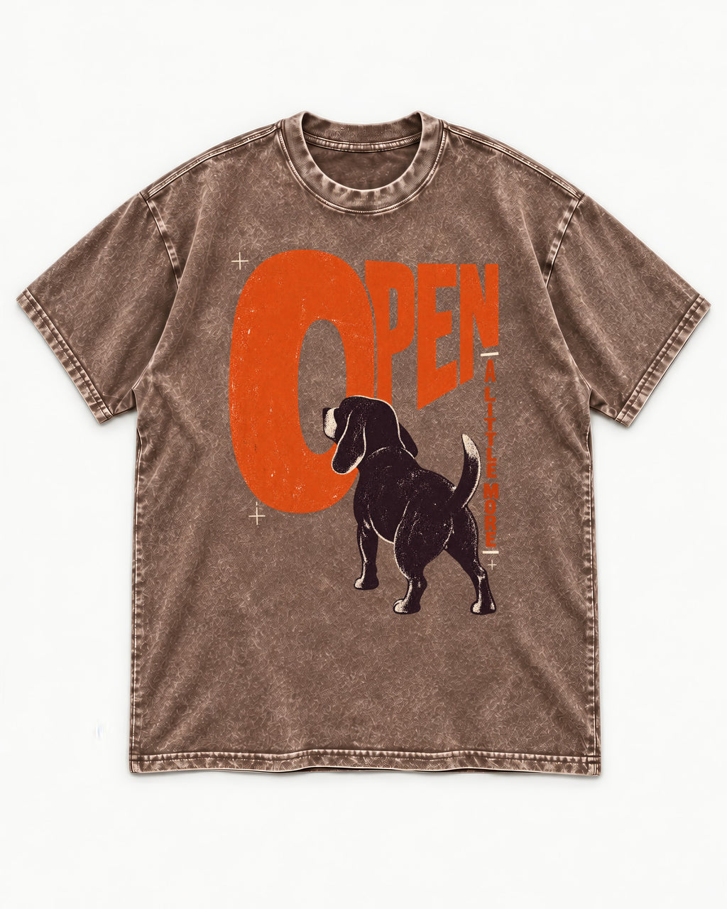 Open a Little More Beagle Washed Tee in Coffee, flat lay product photo