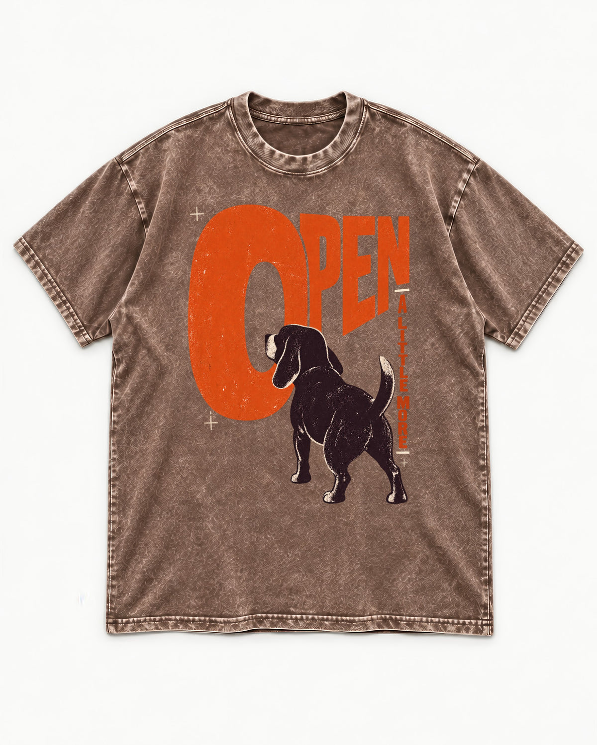 Open a Little More Beagle Washed Tee in Coffee, flat lay product photo