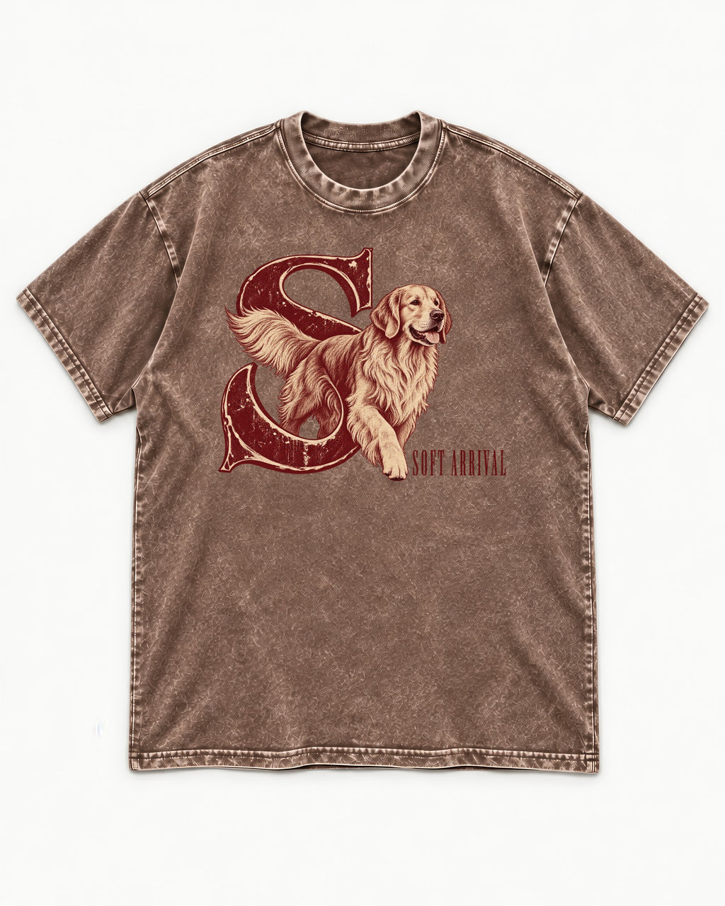 Soft Arrival Golden Retriever Washed Tee in Coffee, flat lay product photo