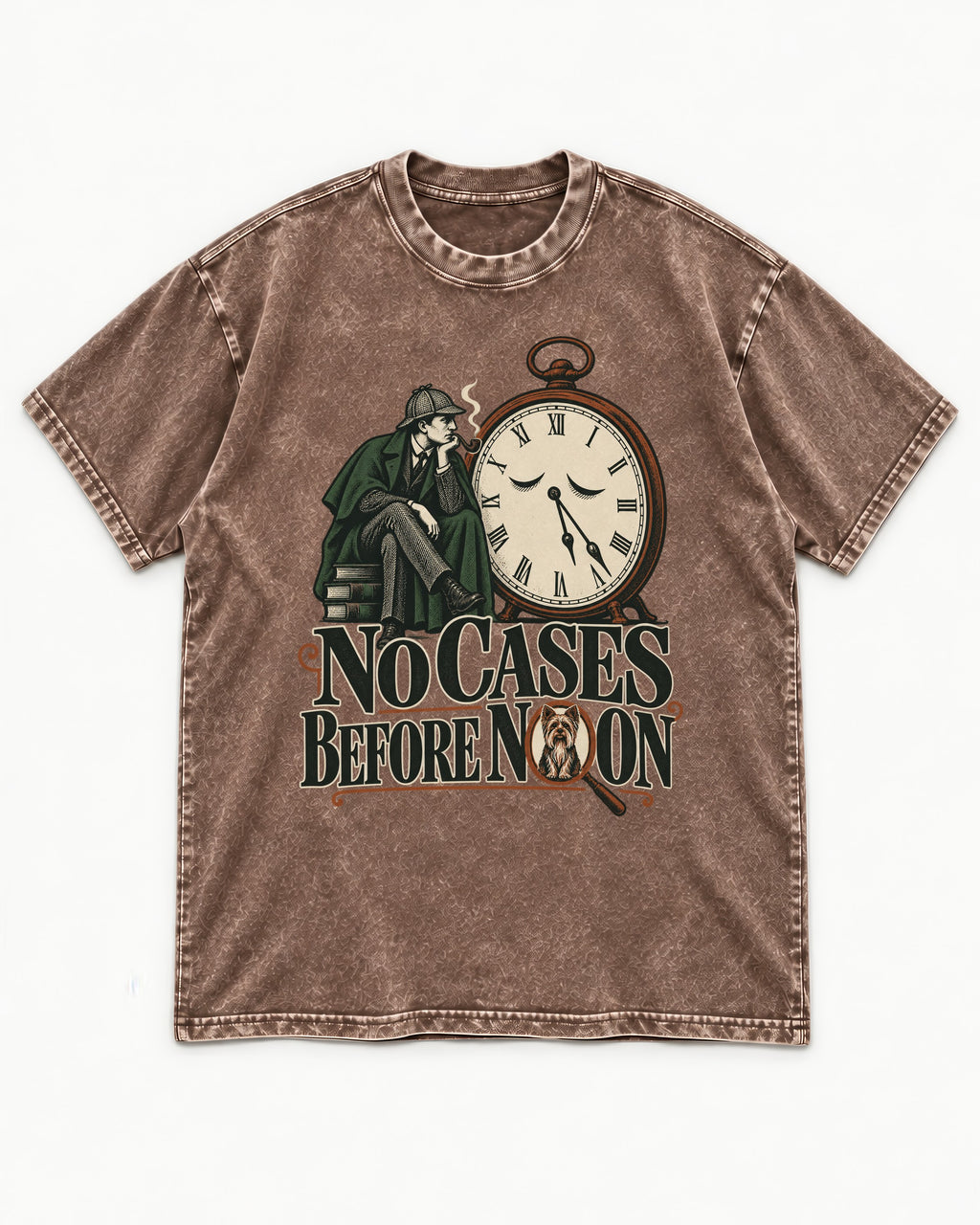No Cases Before Noon Yorkshire Terrier Washed Tee in Coffee, flat lay product photo