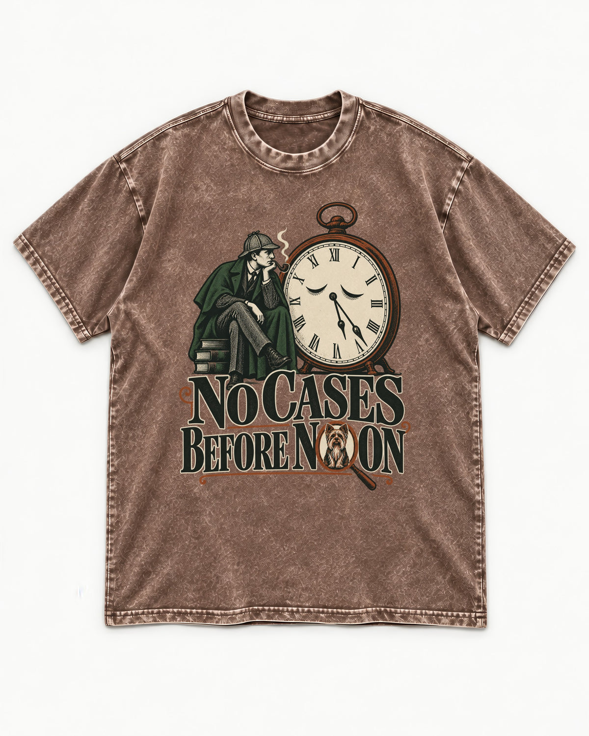 No Cases Before Noon Yorkshire Terrier Washed Tee in Coffee, flat lay product photo