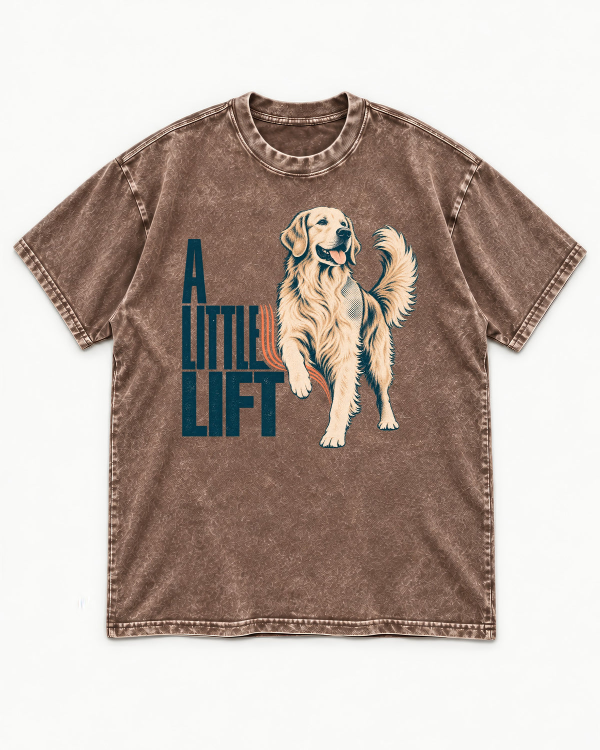 A Little Lift Golden Retriever Washed Tee in Coffee, flat lay product photo