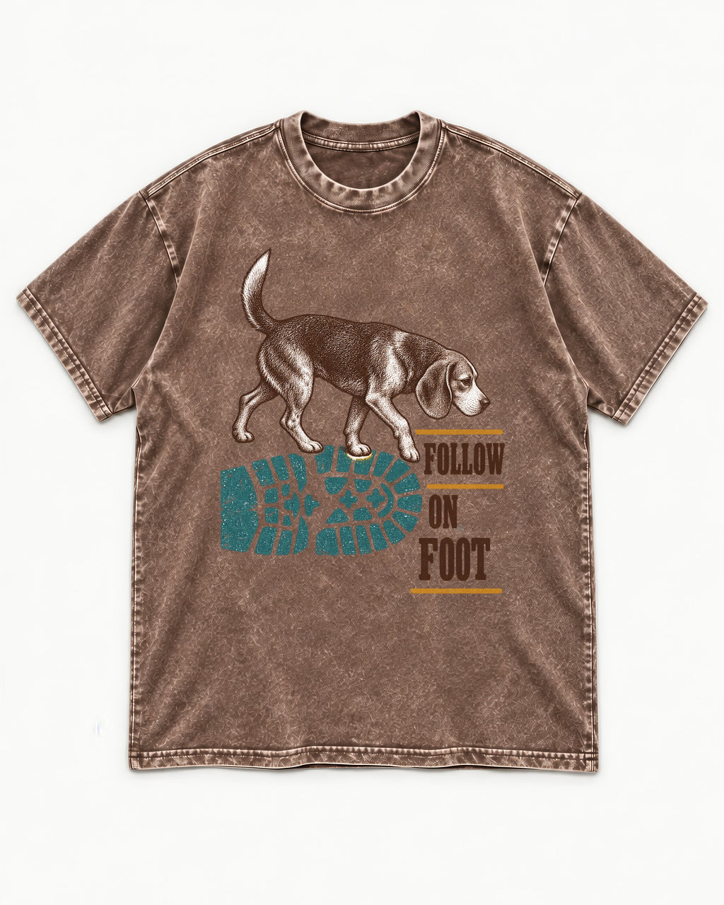 Follow the Beagle on Foot Washed Tee in Coffee, flat lay product photo
