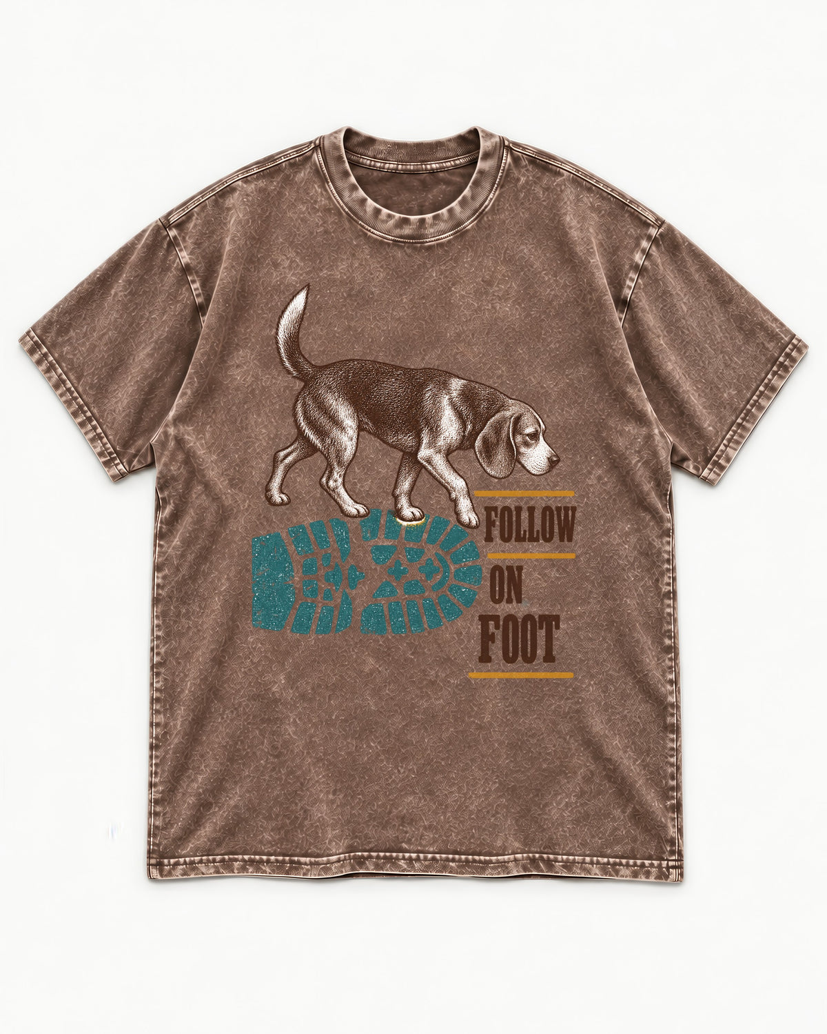 Follow the Beagle on Foot Washed Tee in Coffee, flat lay product photo