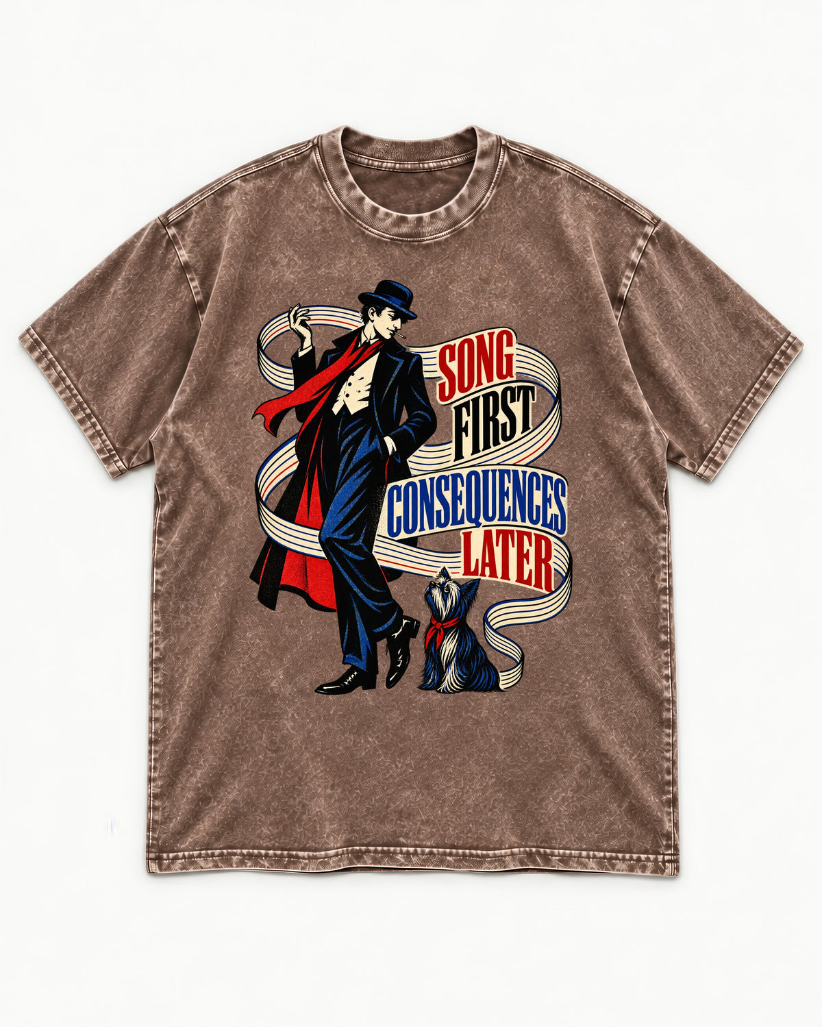 Yorkshire Terrier Song First Consequences Later Washed Tee in Coffee, flat lay product photo