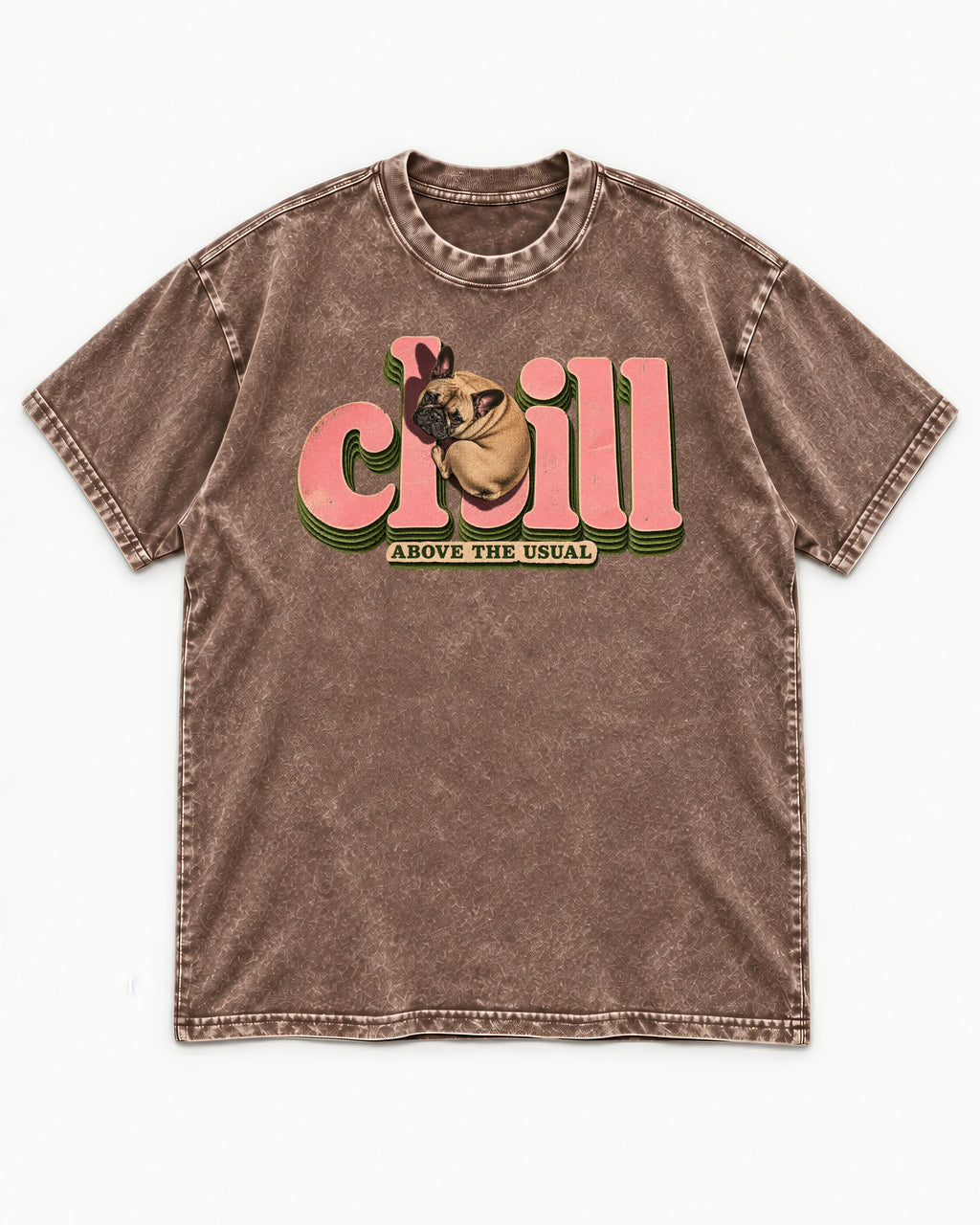 Frenchie Chill Washed Tee in Coffee, flat lay product photo