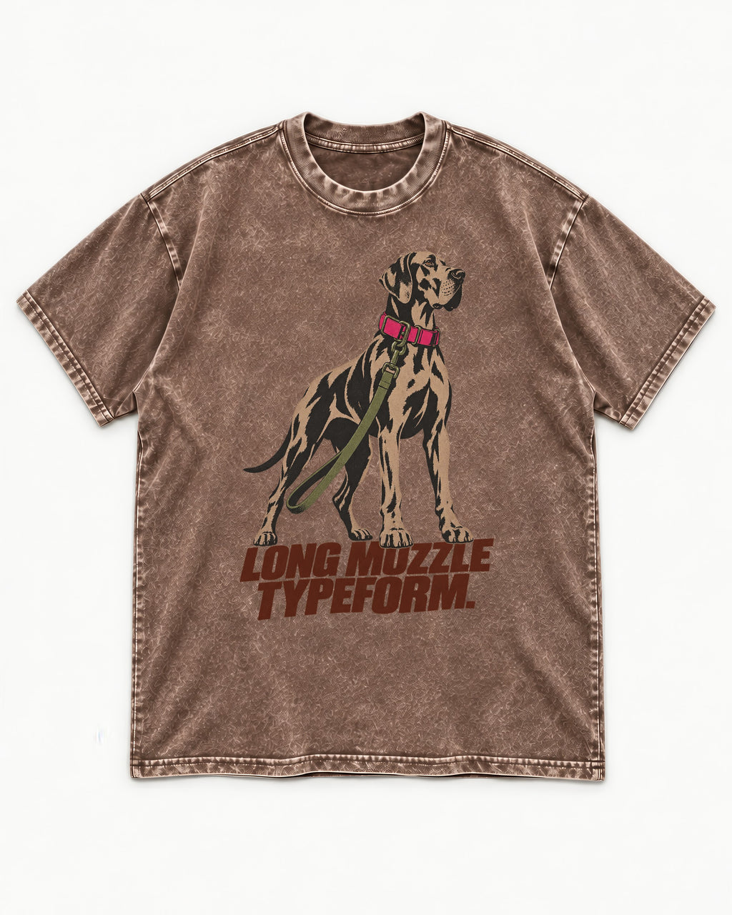 Long Muzzle Typeform Great Dane Washed Tee in Coffee, flat lay product photo