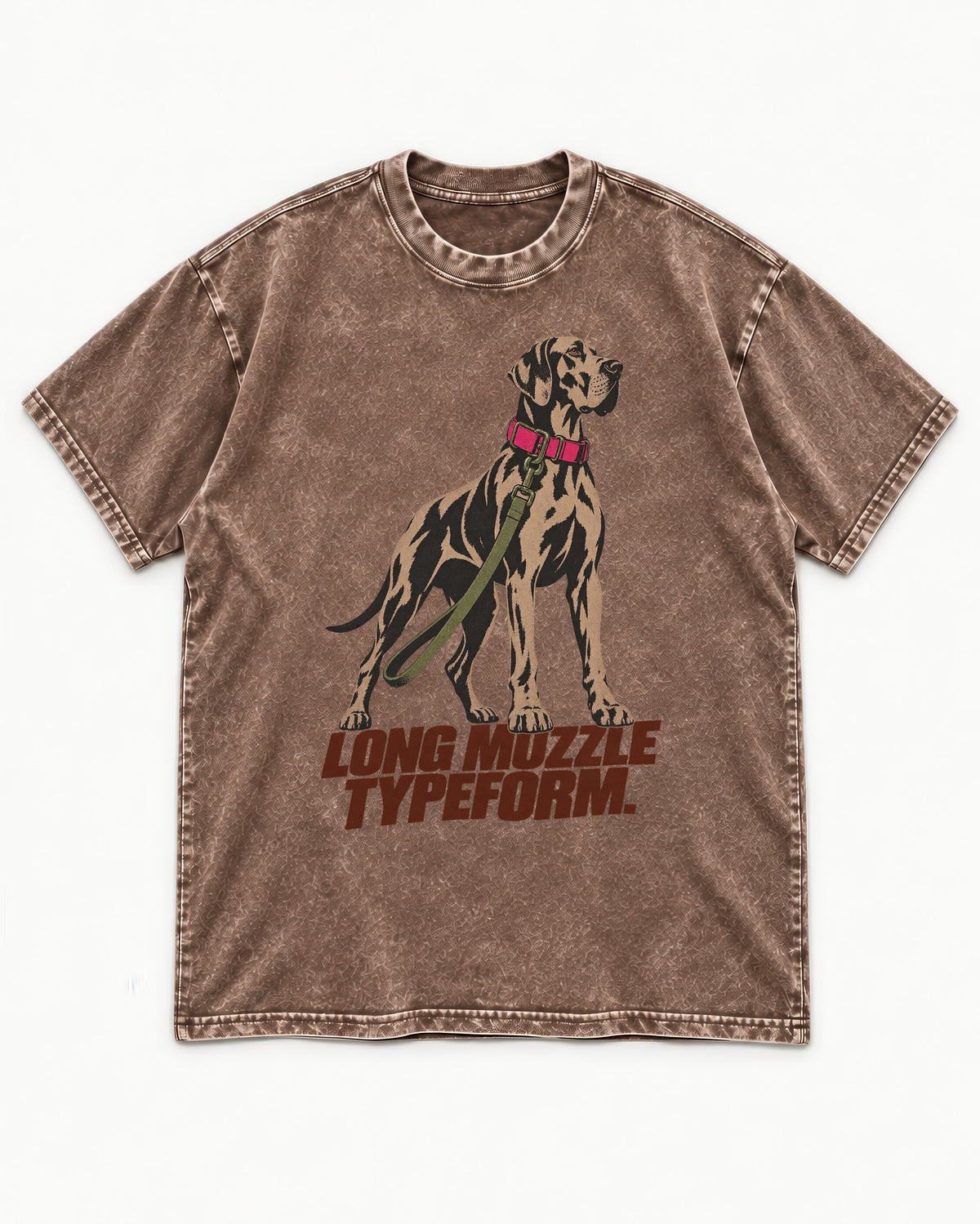 Long Muzzle Typeform Great Dane Washed Tee in Coffee, flat lay product photo