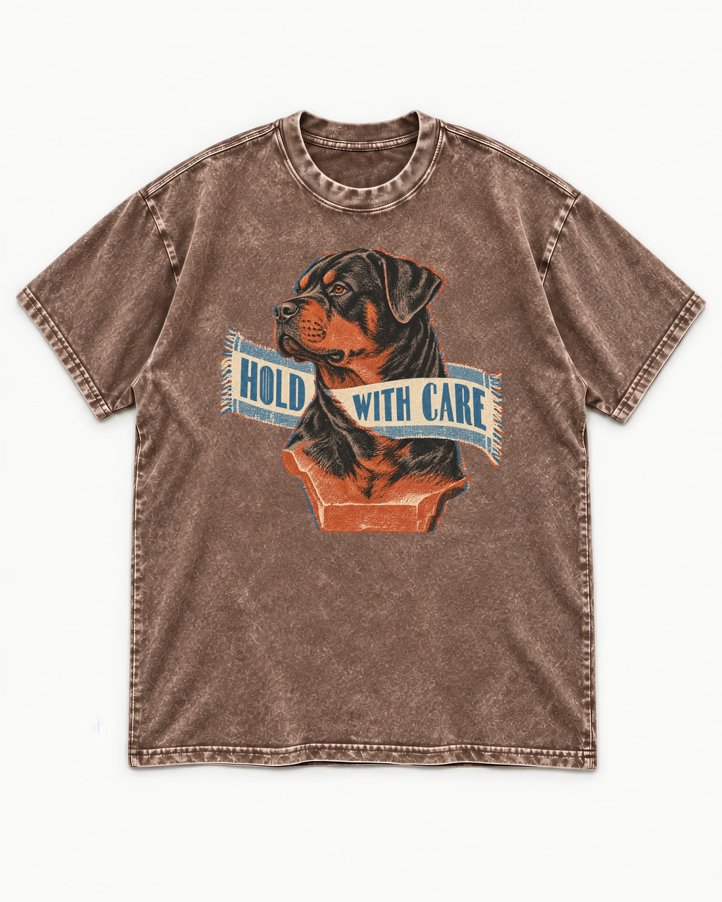 Rottweiler Hold with Care Washed Tee in Coffee, flat lay product photo
