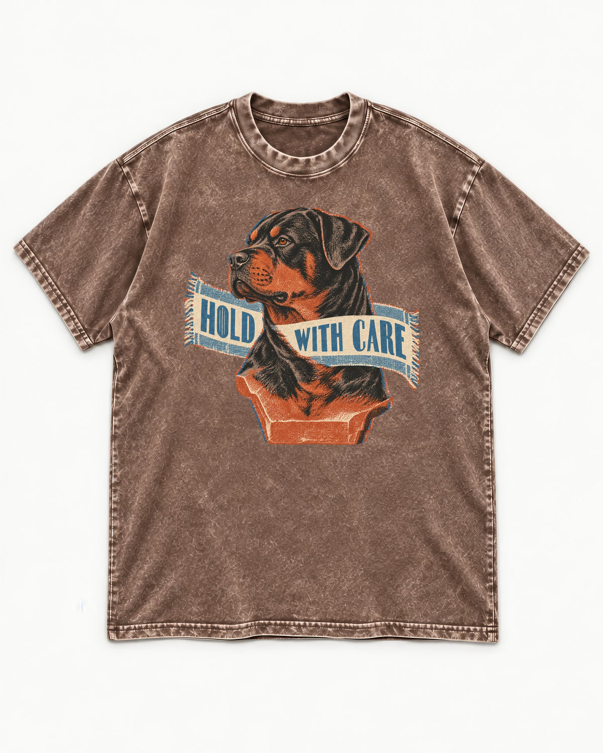 Rottweiler Hold with Care Washed Tee in Coffee, flat lay product photo