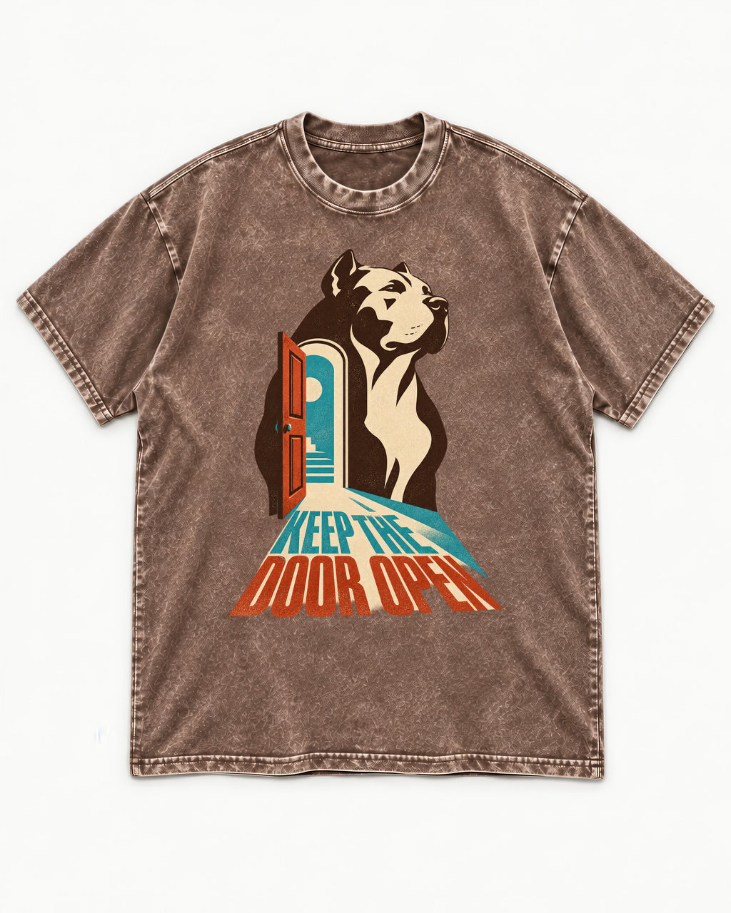 Keep the Door Open Pitbull Washed Tee in Coffee, flat lay product photo