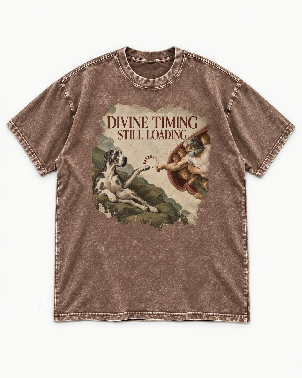 Great Dane Divine Timing Still Loading Washed Tee in Coffee, flat lay product photo