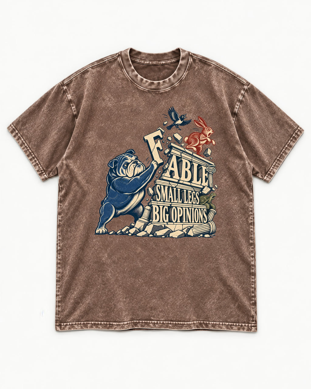 Small Legs Big Opinions English Bulldog Washed Tee in Coffee, flat lay product photo