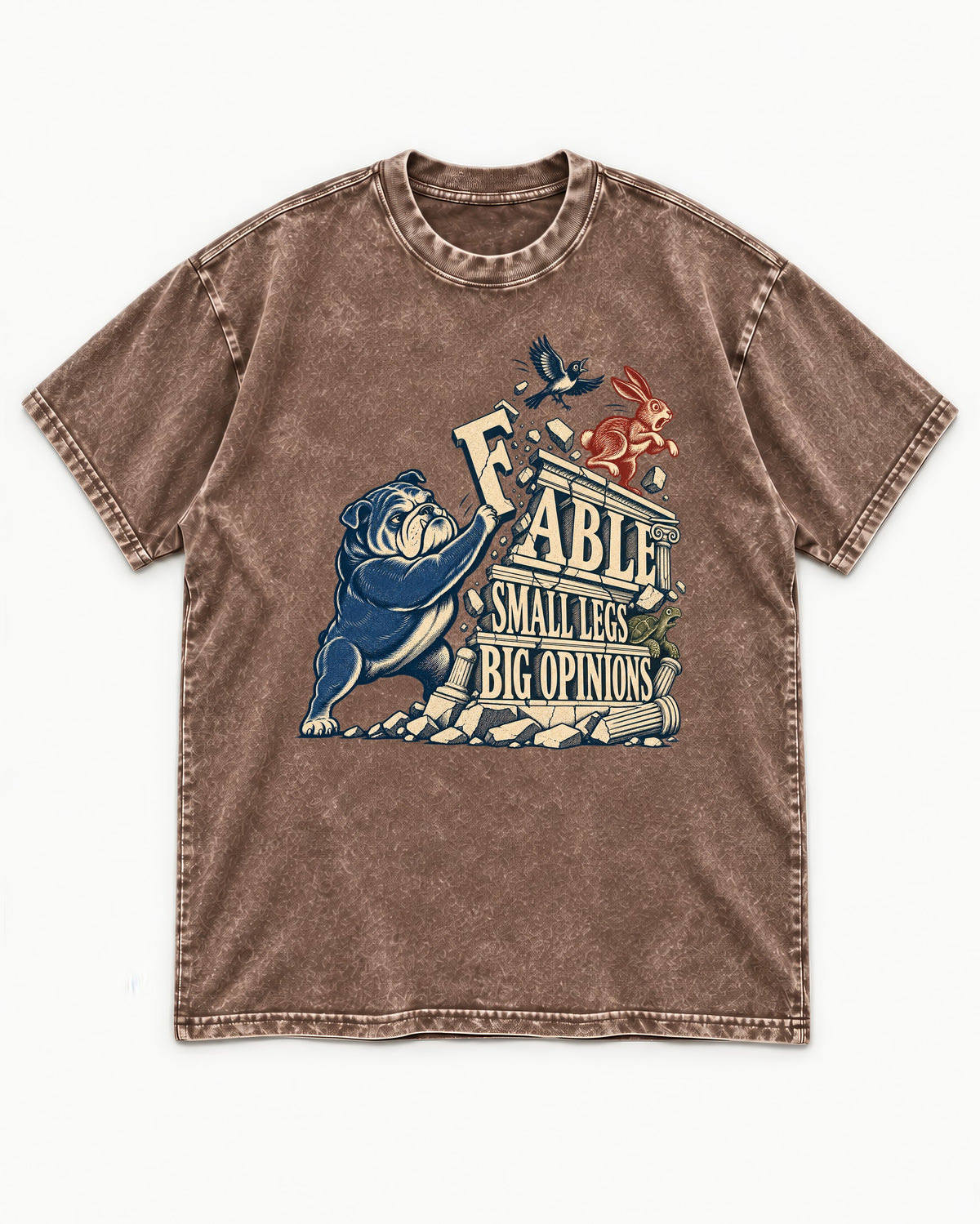 Small Legs Big Opinions English Bulldog Washed Tee in Coffee, flat lay product photo