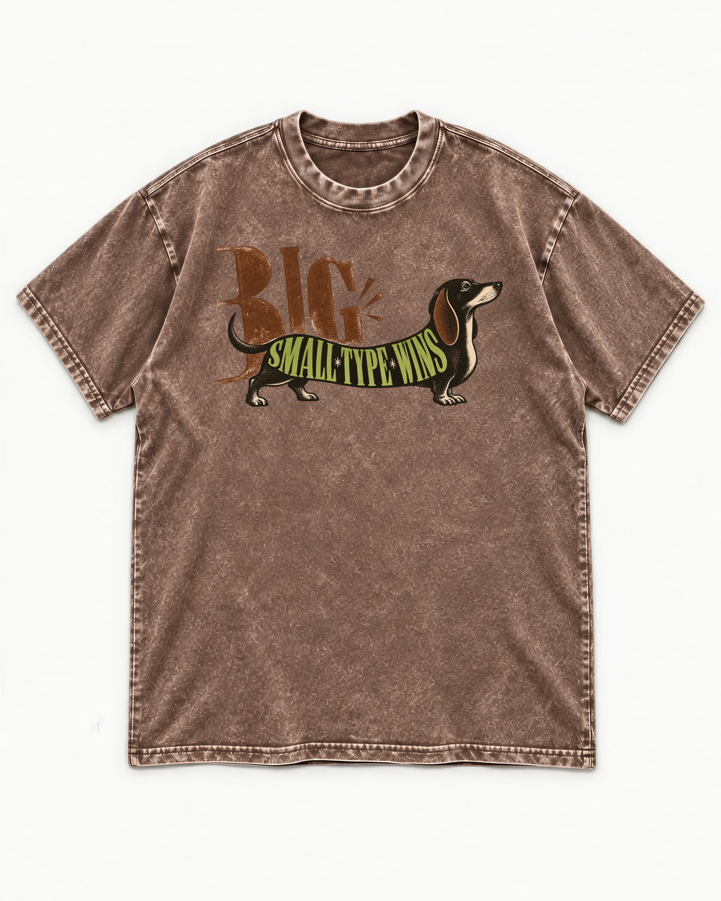 Dachshund Small Type Wins Washed Tee in Coffee, flat lay product photo
