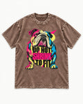 English Bulldog Don't Shrink to Fit Washed Tee in Coffee, flat lay product photo