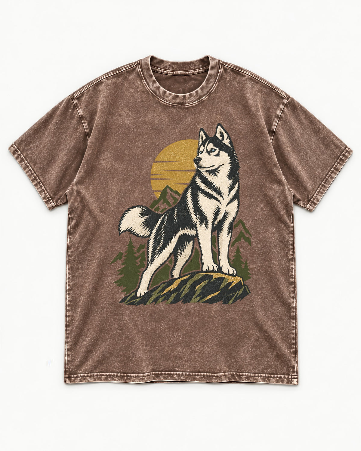 Husky Born to Roam Washed Tee in Coffee, flat lay product photo