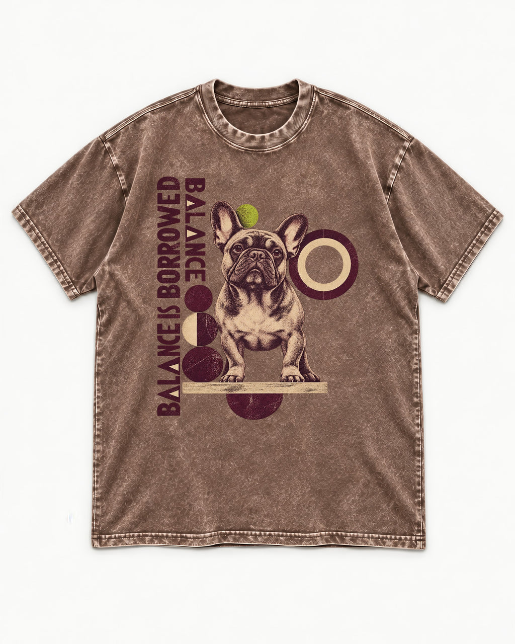 Frenchie's Balance Is Borrowed Washed Tee in Coffee, flat lay product photo