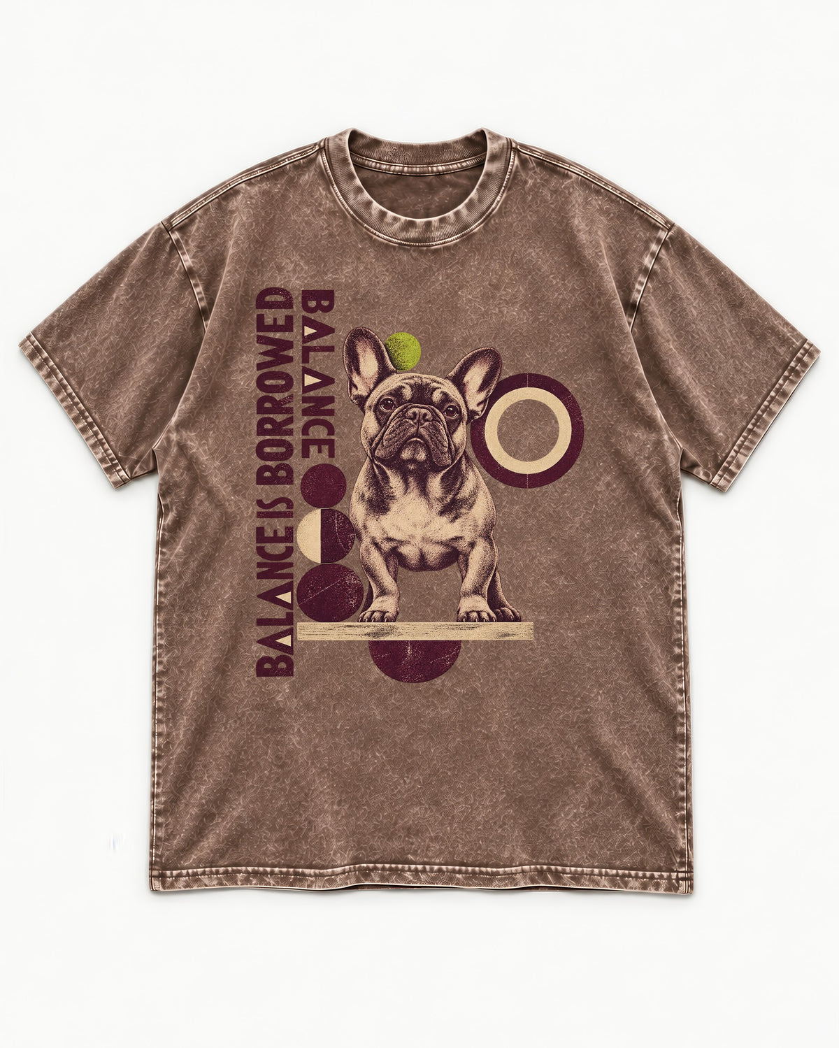 Frenchie's Balance Is Borrowed Washed Tee in Coffee, flat lay product photo