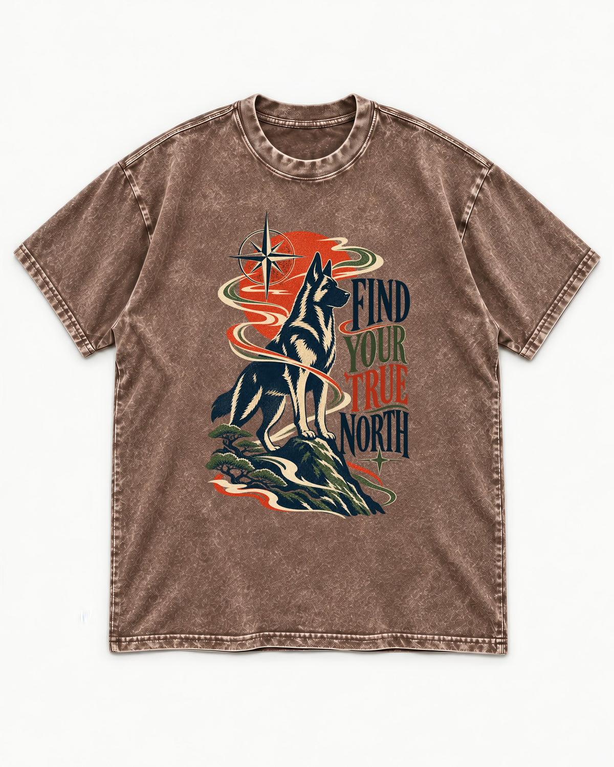 Find Your True North German Shepherd Dog Washed Tee in Coffee, flat lay product photo