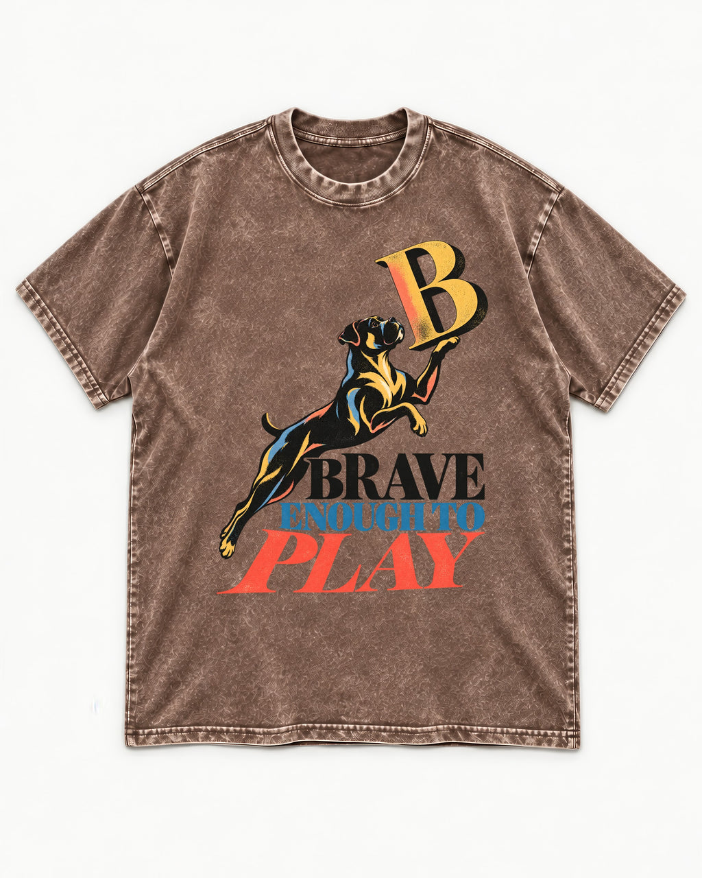 Boxer Brave Enough to Play Washed Tee in Coffee, flat lay product photo