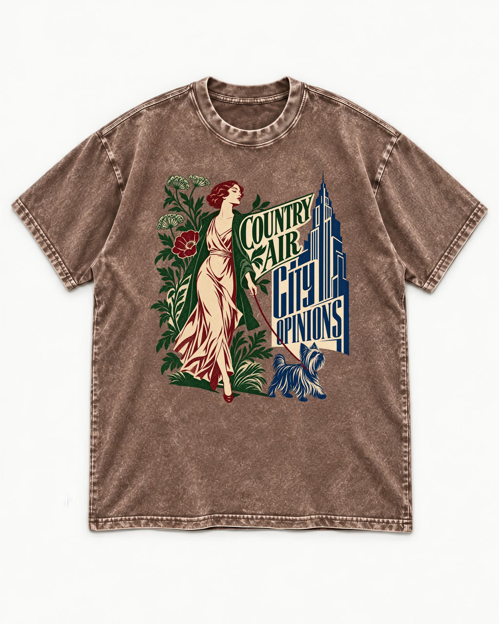 Yorkshire Terrier Country Air City Opinions Botanical Graphic Washed Tee in Coffee, flat lay product photo