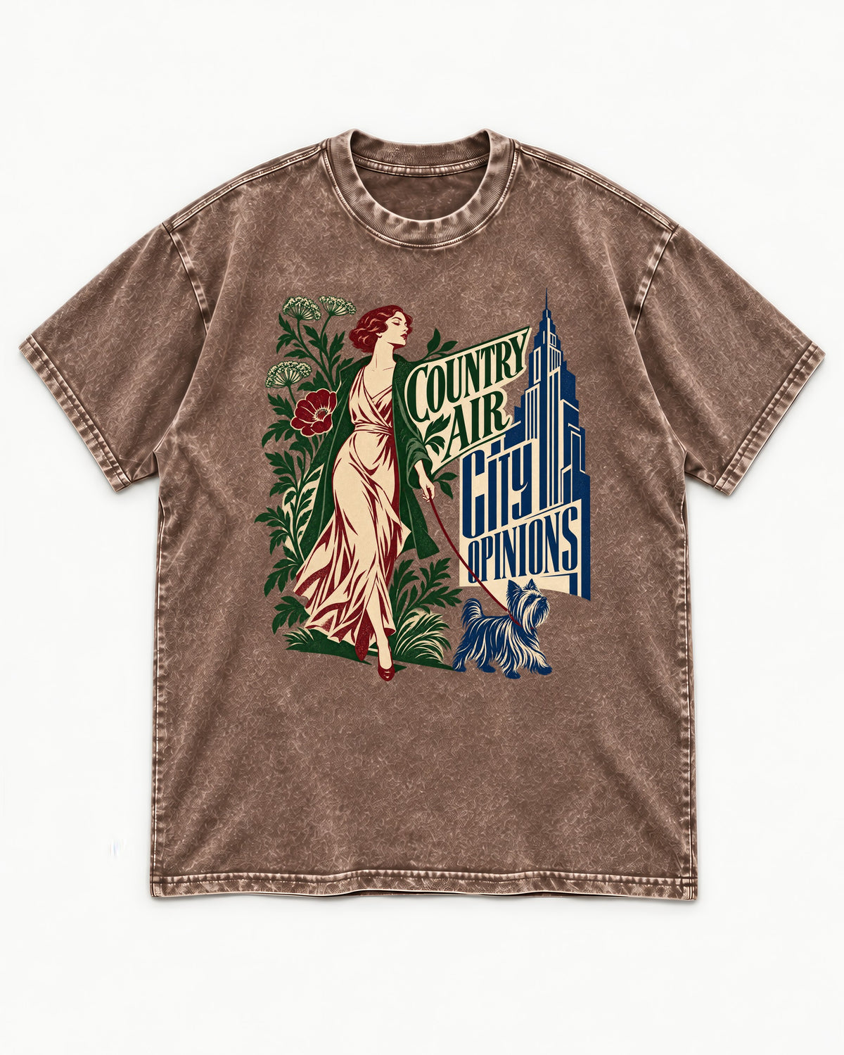 Yorkshire Terrier Country Air City Opinions Botanical Graphic Washed Tee in Coffee, flat lay product photo