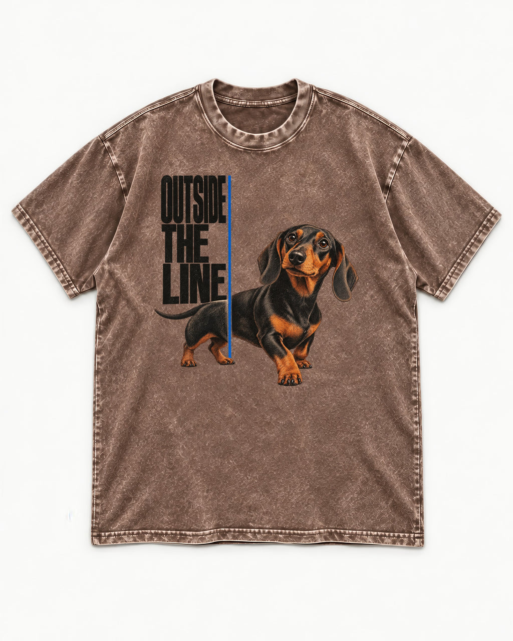 Dachshund Outside the Line Washed Tee in Coffee, flat lay product photo