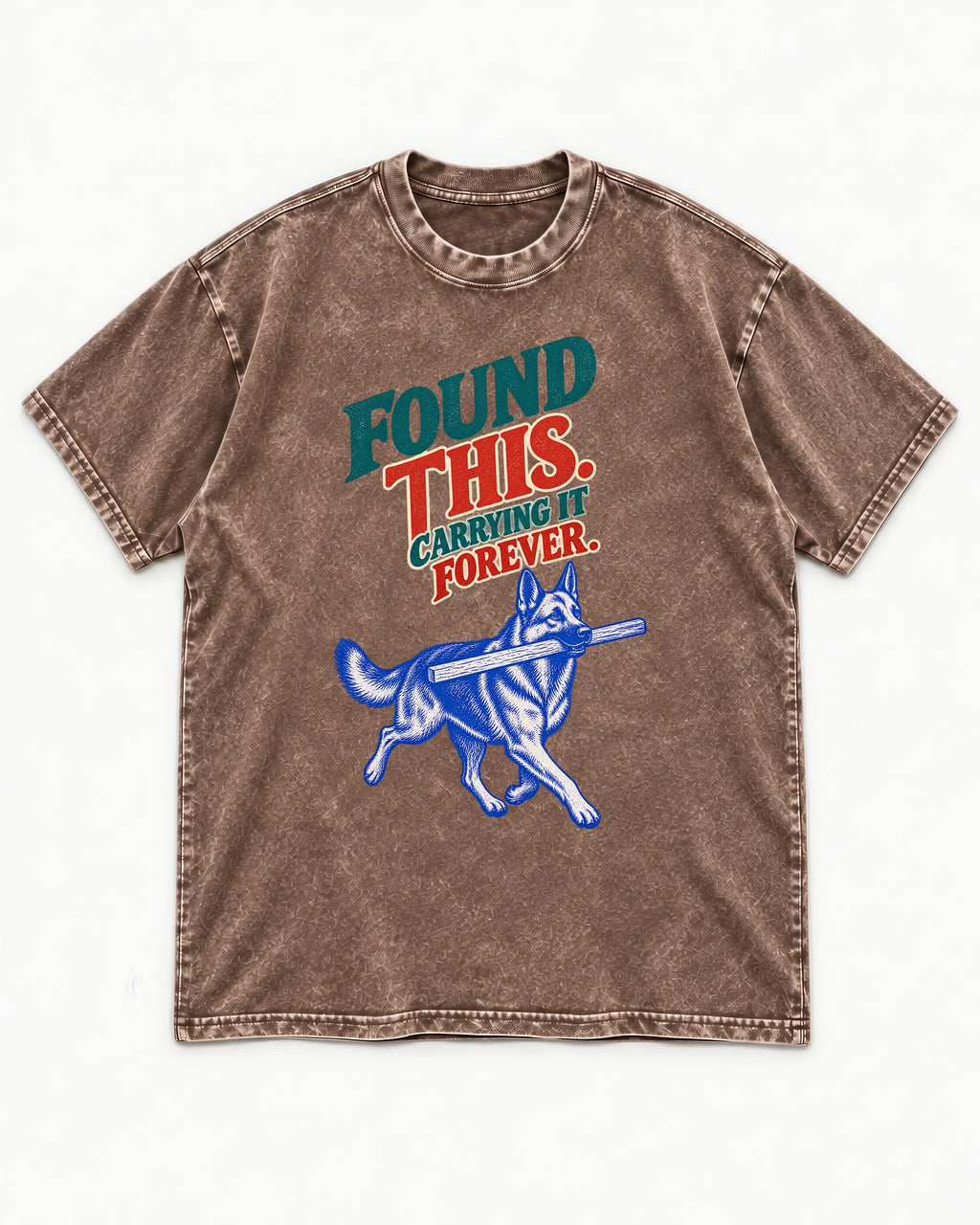 German Shepherd Dog Carrying It Forever Washed Tee in Coffee, flat lay product photo