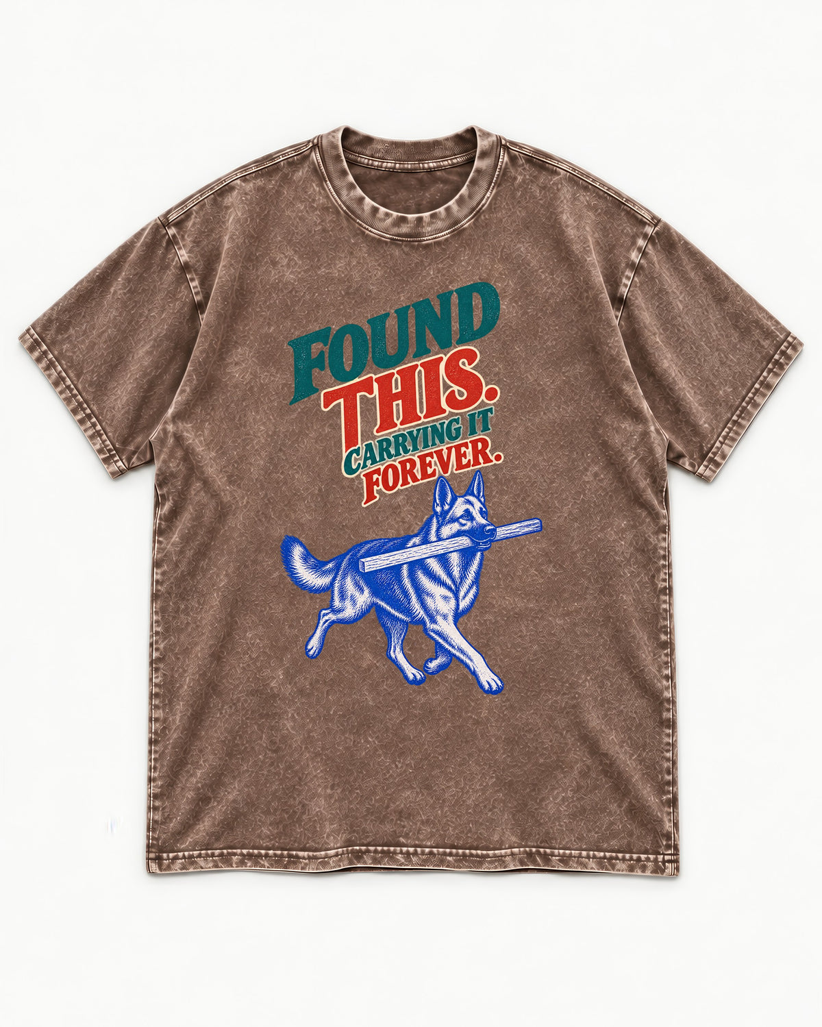 German Shepherd Dog Carrying It Forever Washed Tee in Coffee, flat lay product photo