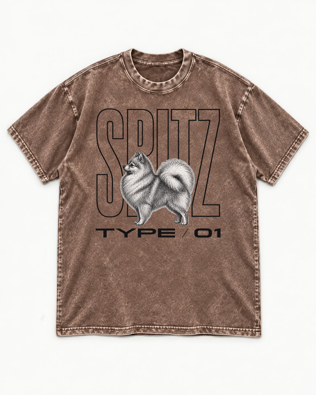 Pomeranian Spitz Washed Tee in Coffee, flat lay product photo