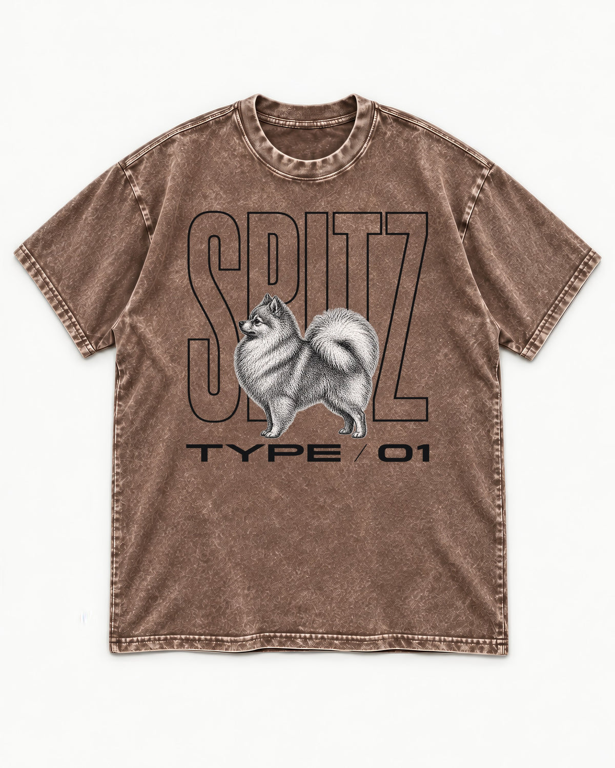 Pomeranian Spitz Washed Tee in Coffee, flat lay product photo