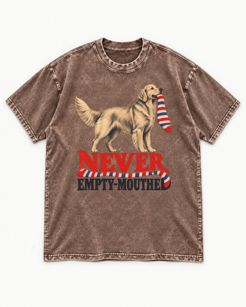 Never Empty Mouthed Golden Retriever Washed Tee in Coffee, flat lay product photo