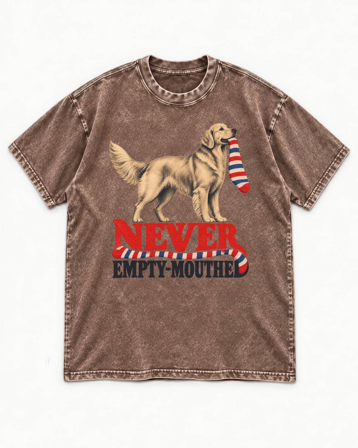 Never Empty Mouthed Golden Retriever Washed Tee in Coffee, flat lay product photo