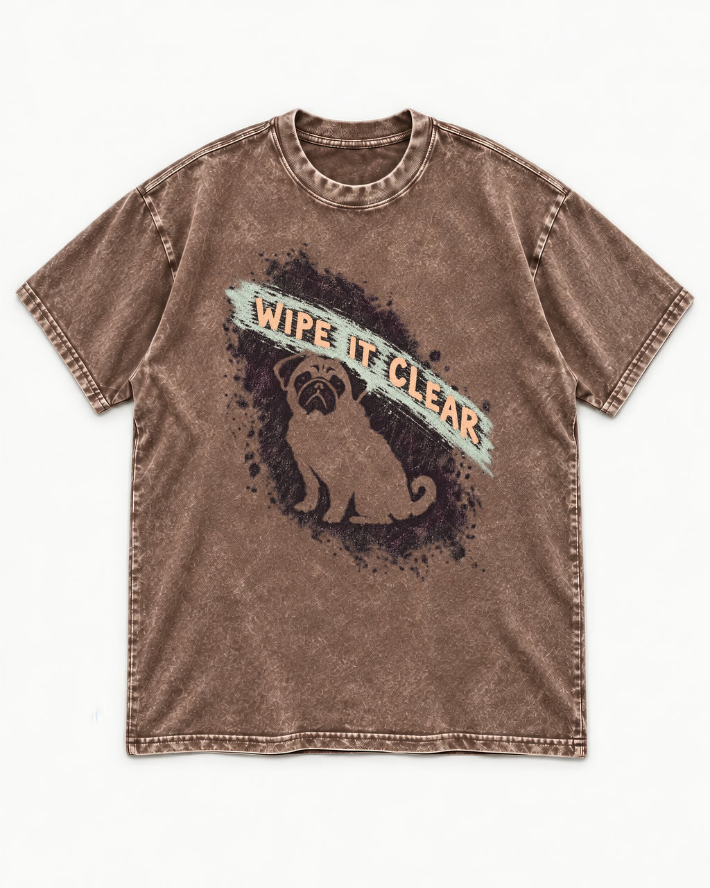Pug Wipe It Clear Washed Tee in Coffee, flat lay product photo