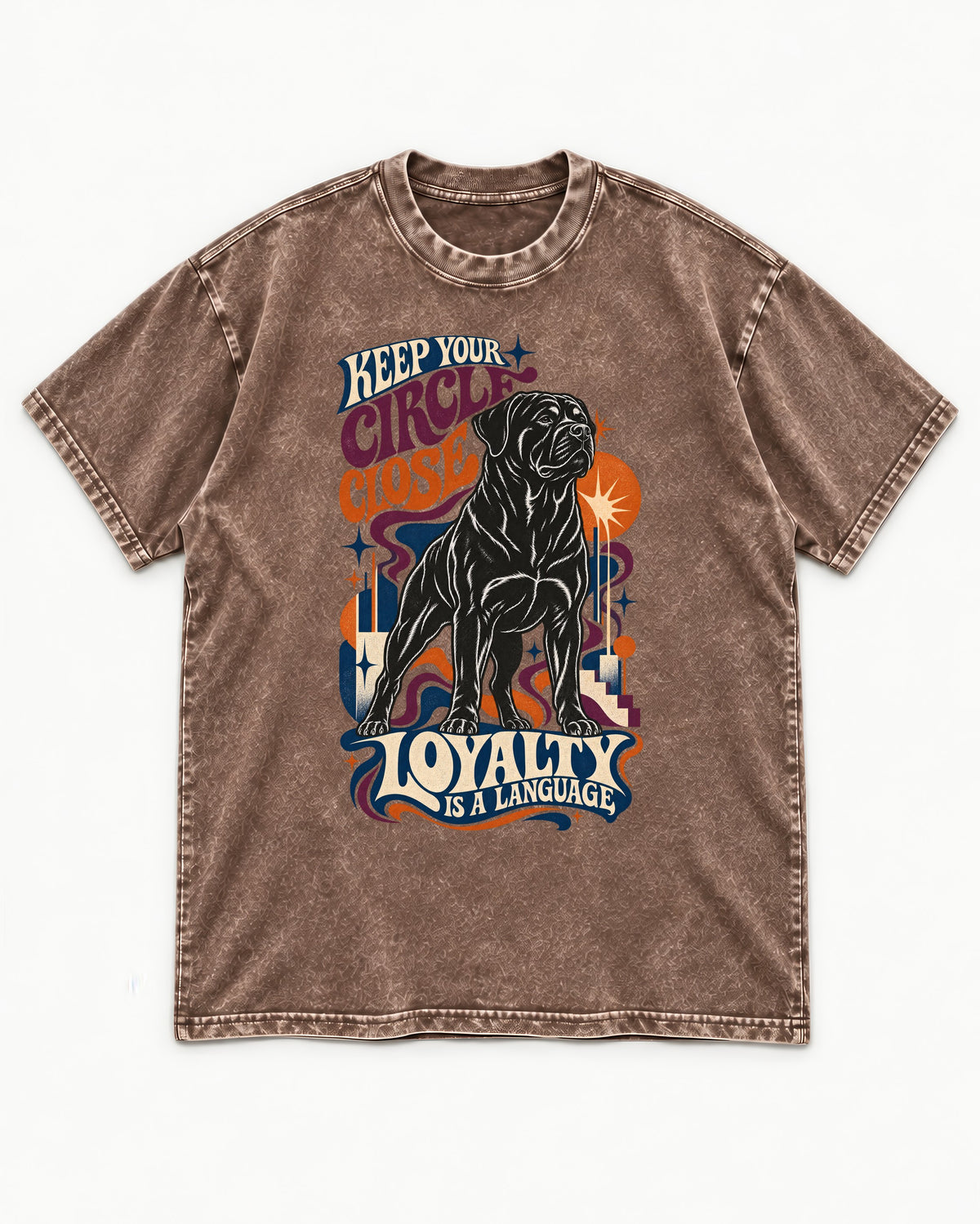 Keep Your Rottweiler Circle Close Washed Tee in Coffee, flat lay product photo