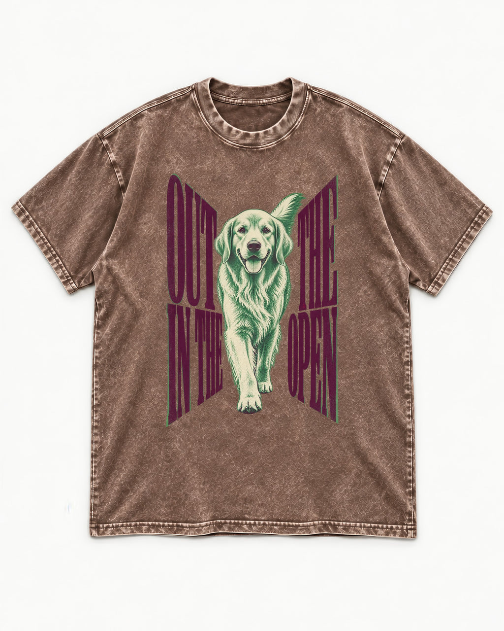 Golden Retriever Out in the Open Washed Tee in Coffee, flat lay product photo