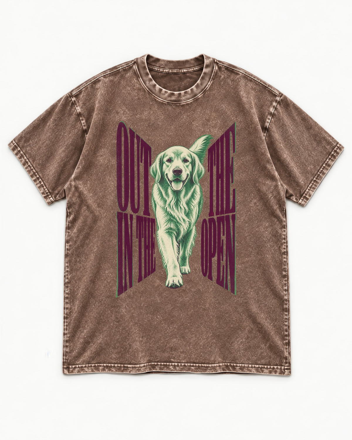 Golden Retriever Out in the Open Washed Tee in Coffee, flat lay product photo