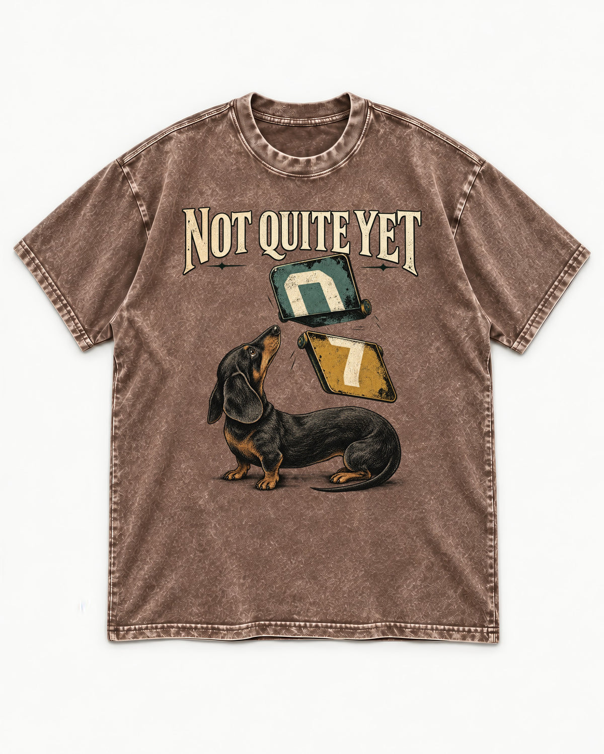 Not Quite Yet Dachshund Washed Tee in Coffee, flat lay product photo