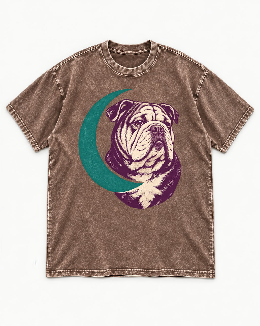 Moonstruck English Bulldog Washed Tee in Coffee, flat lay product photo