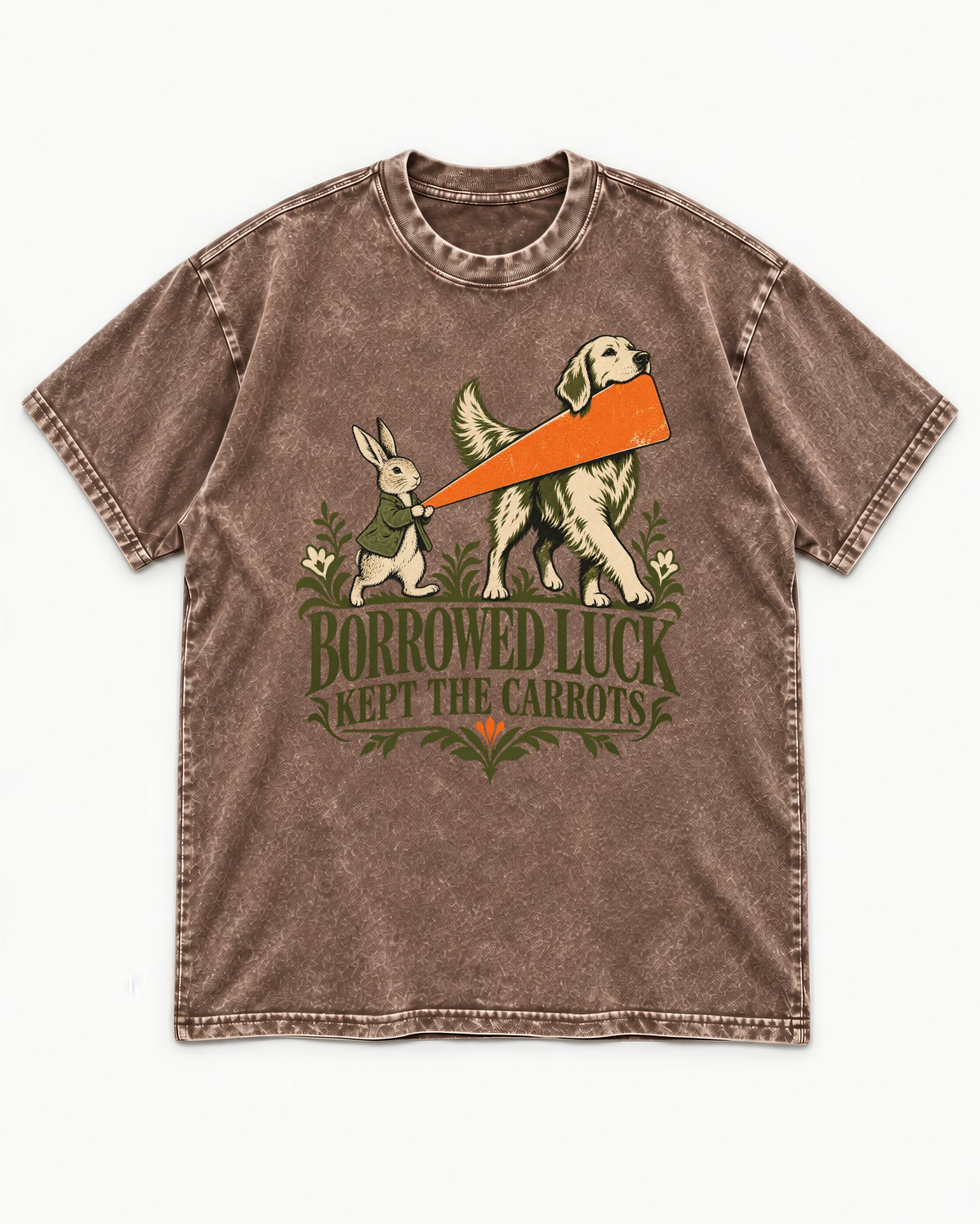 Borrowed Luck Golden Retriever Washed Tee in Coffee, flat lay product photo